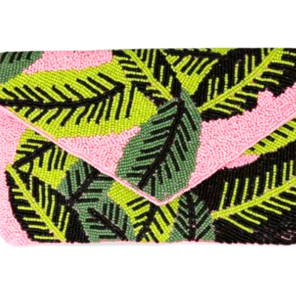 Tropical Leaf Seed Beaded Clutch